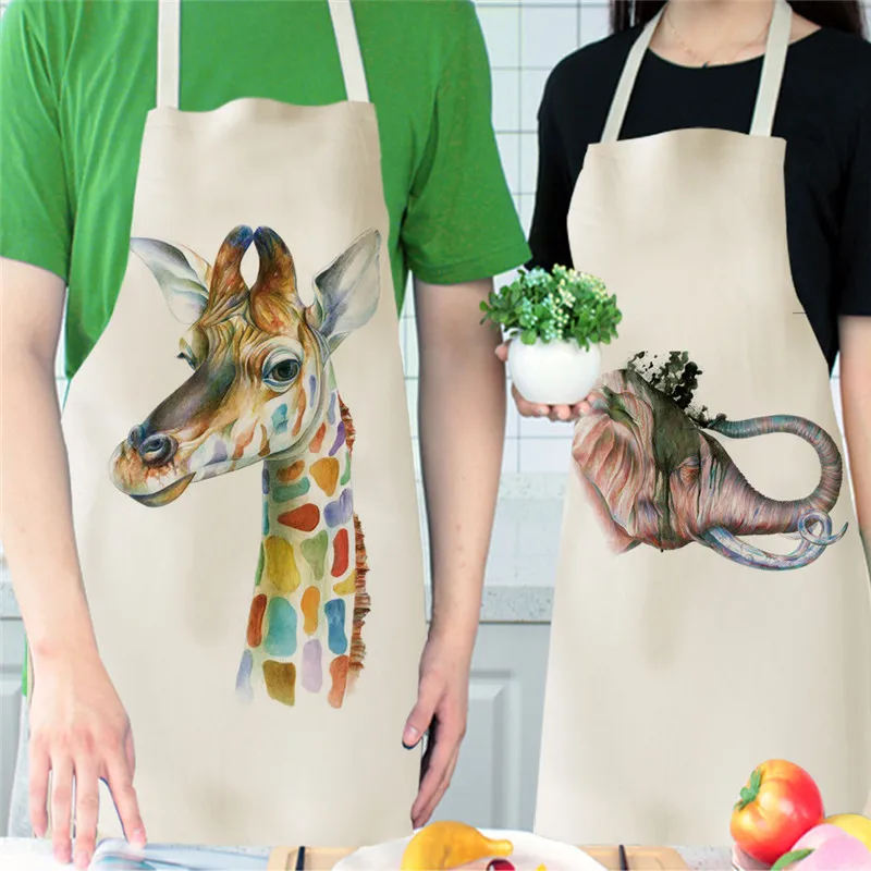 Wild Animals Printed Kitchen Aprons for Women Kids Sleeveless Cotton Linen Bibs Cooking Baking Cleaning Tools