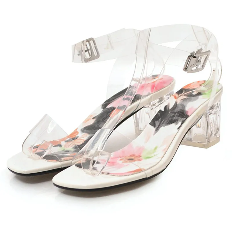

AGODOR Sexy Fashion Block Mid Heel Ankle Strap PVC Clear Heel Transparent Sandals Open Toe Summer Women's Shoes