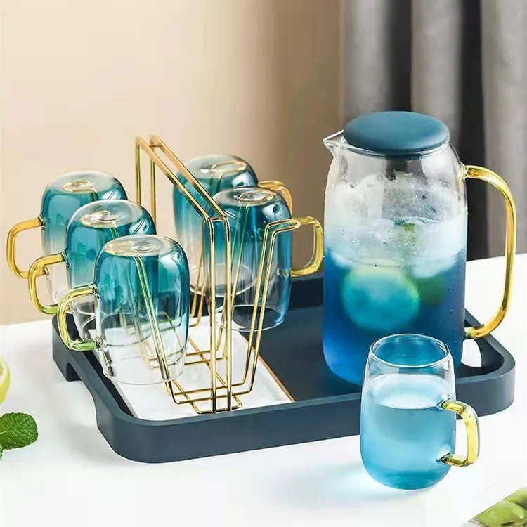 1 Piece 1500ml Glass Carafe 300ml Glass Mug Gradient Blue Nordic Glassware Heat Resistant Jug and Cup Table Decor