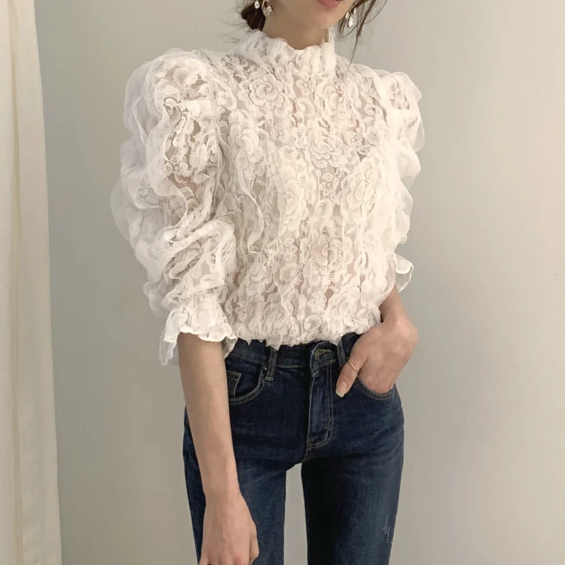 

Korean Chic Delicate Fungus Shirts Women Stand Collar Three-Dimensional Blouse Lace Hook Flower Perspective Flared Sleeve Tops