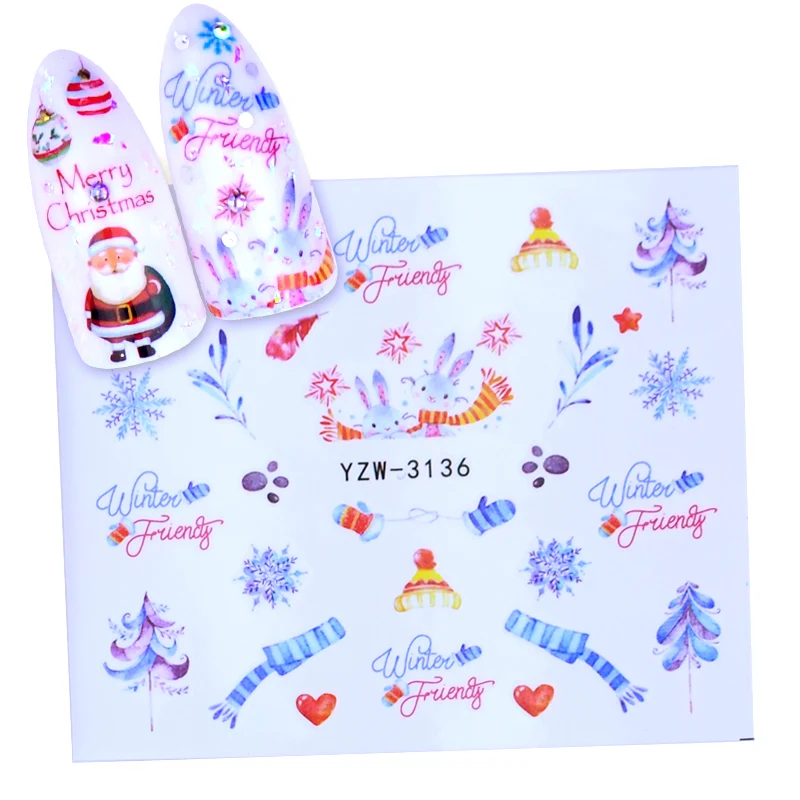 YZW-3136 1 лист рождественские Санты снежинка снеговик смешанный дизайн DIYSticker переводная вода наклейки для ногтей - Цвет: YZW-3136