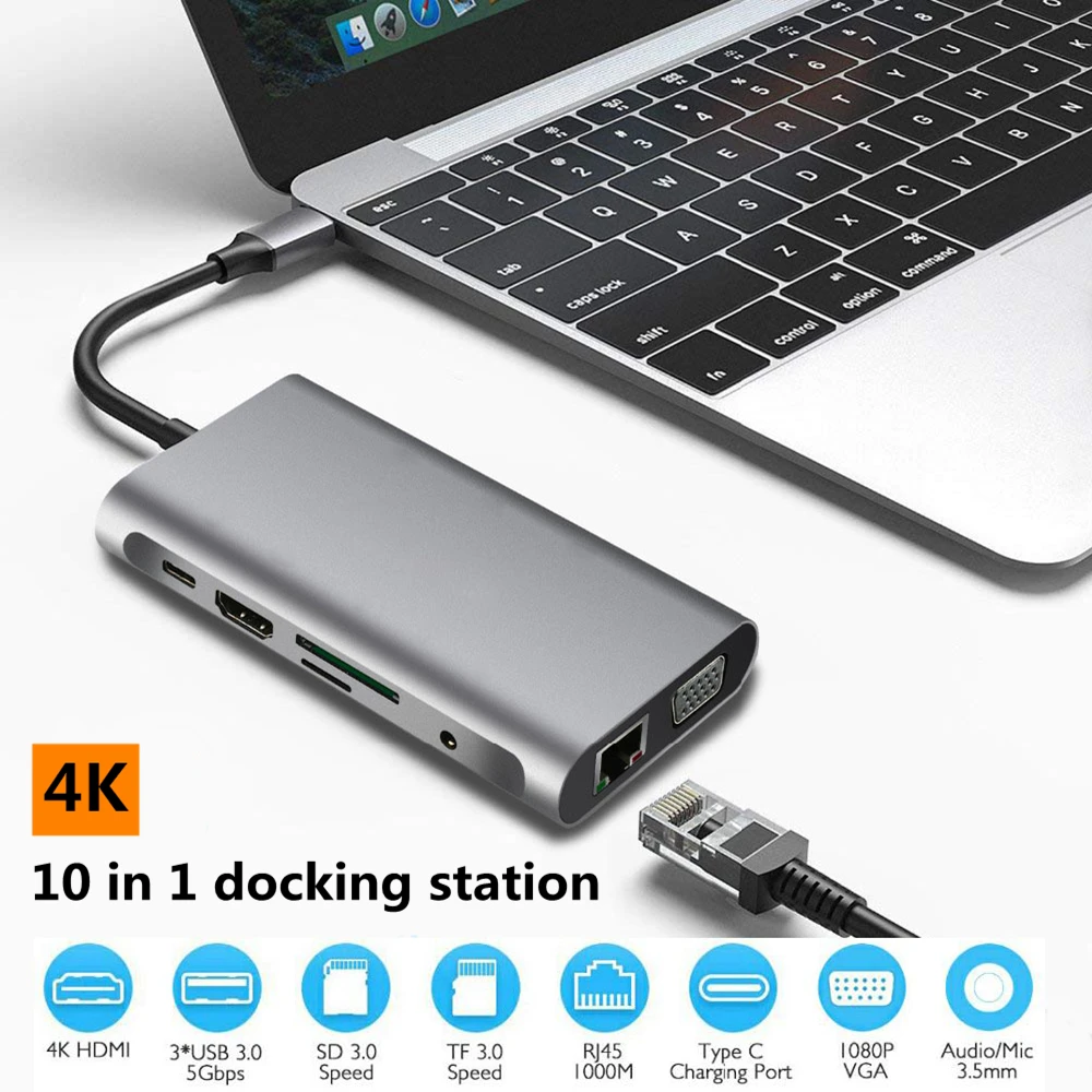 

10 in 1 Docking Station Type C Adapter Lightning to USB Thunderbolt 3 4K HDMI VGA RJ45 Gigabit Ethernet For Macbook Pro USB Dex