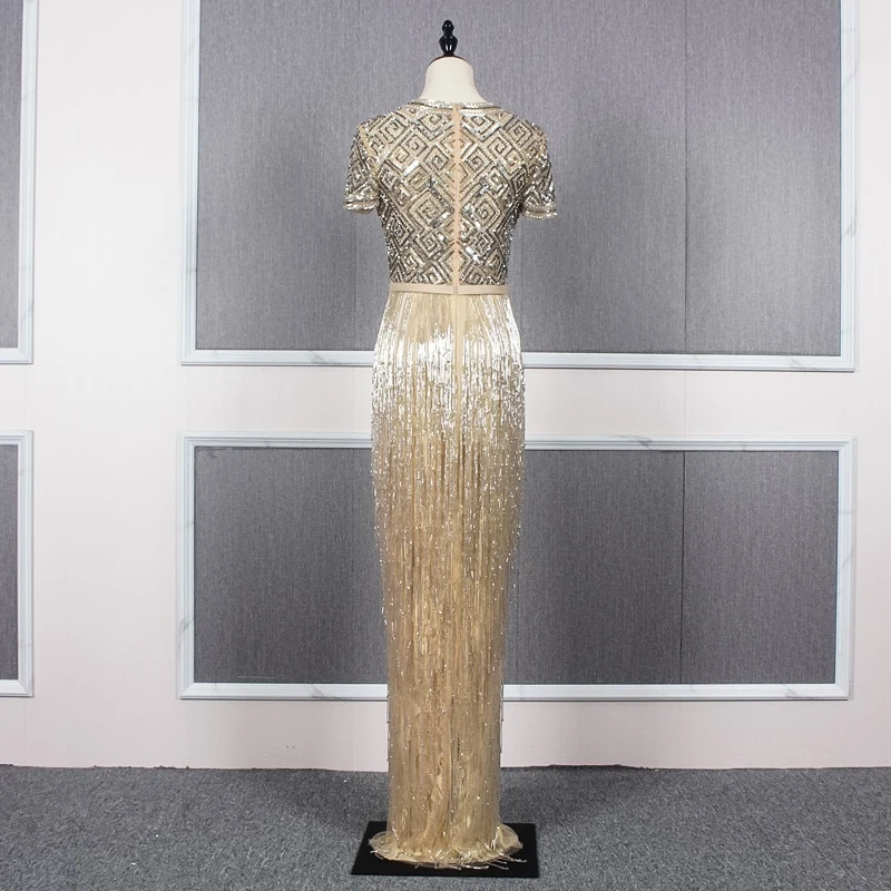 YY149 платье для выпускного вечера с разрезом, с бисером и v-образным вырезом, с коротким рукавом, золотые вечерние платья-футляры, длина до пола, vestidos de gala
