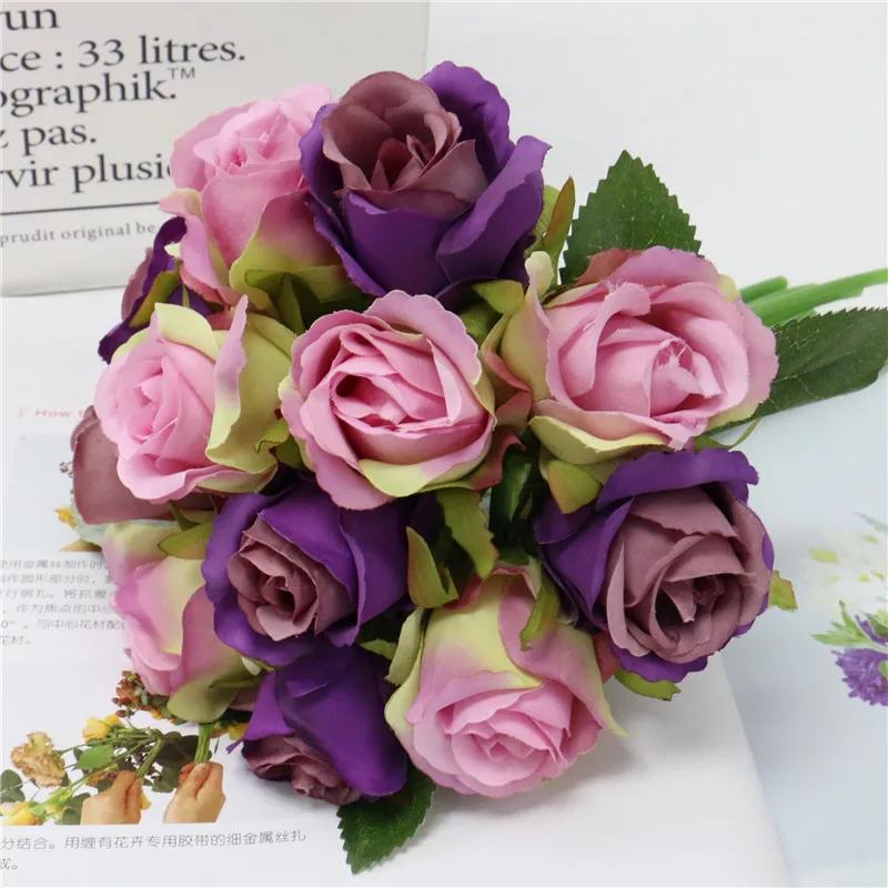 12 голов букет, искусственные розы, декоративные шелковые цветы, свадебные букеты для свадьбы, дома, вечерние украшения, подарок на день Святого Валентина - Цвет: purple pink 12 head