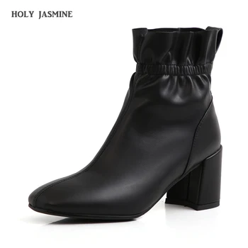

2019 Autumn Winter High Heels Square Toe Ankle Boots for Women Fashion Patent Leather Shoes Woman Zip Motorcycle Booties Mujer