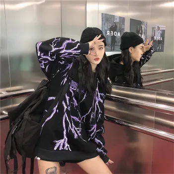

Lychee Girls Lightning Letter Print Women Fleece Hooded Sweatshirts Spring Autumn Winter Lady Tops Casual Loose Female Hoodies