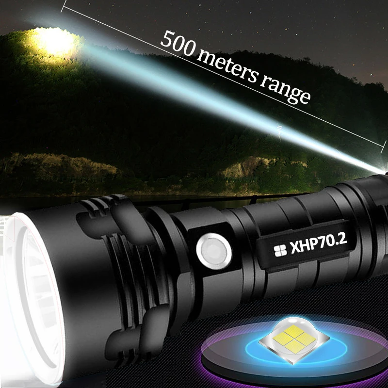 Powerfull XHP70 LED Tactical Flashlight Lamp USB Military Grade Torch Battery