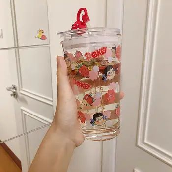 

450ml Cute Girl Glass Water Bottle with Straw Anime Action Figure Strawberry Coffee Milk Tea Mugs with Scale