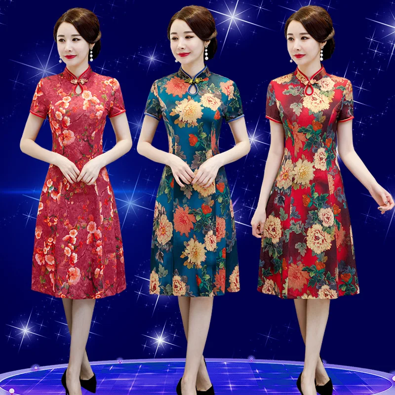 

Improved Cheongsam 2019 Summer Retro Mid-length Knitted Daily Life Big Hemline Cheongsam Dress Middle-aged Women Dress