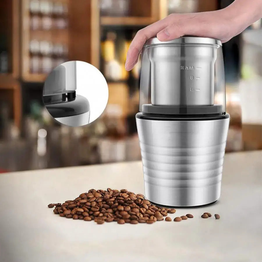 

Multipurpose Electric Coffee Bean Grinder with 2 Removable Dry and Wet Cups Stainless Steel Miller for Seeds Spices Herbs Nuts