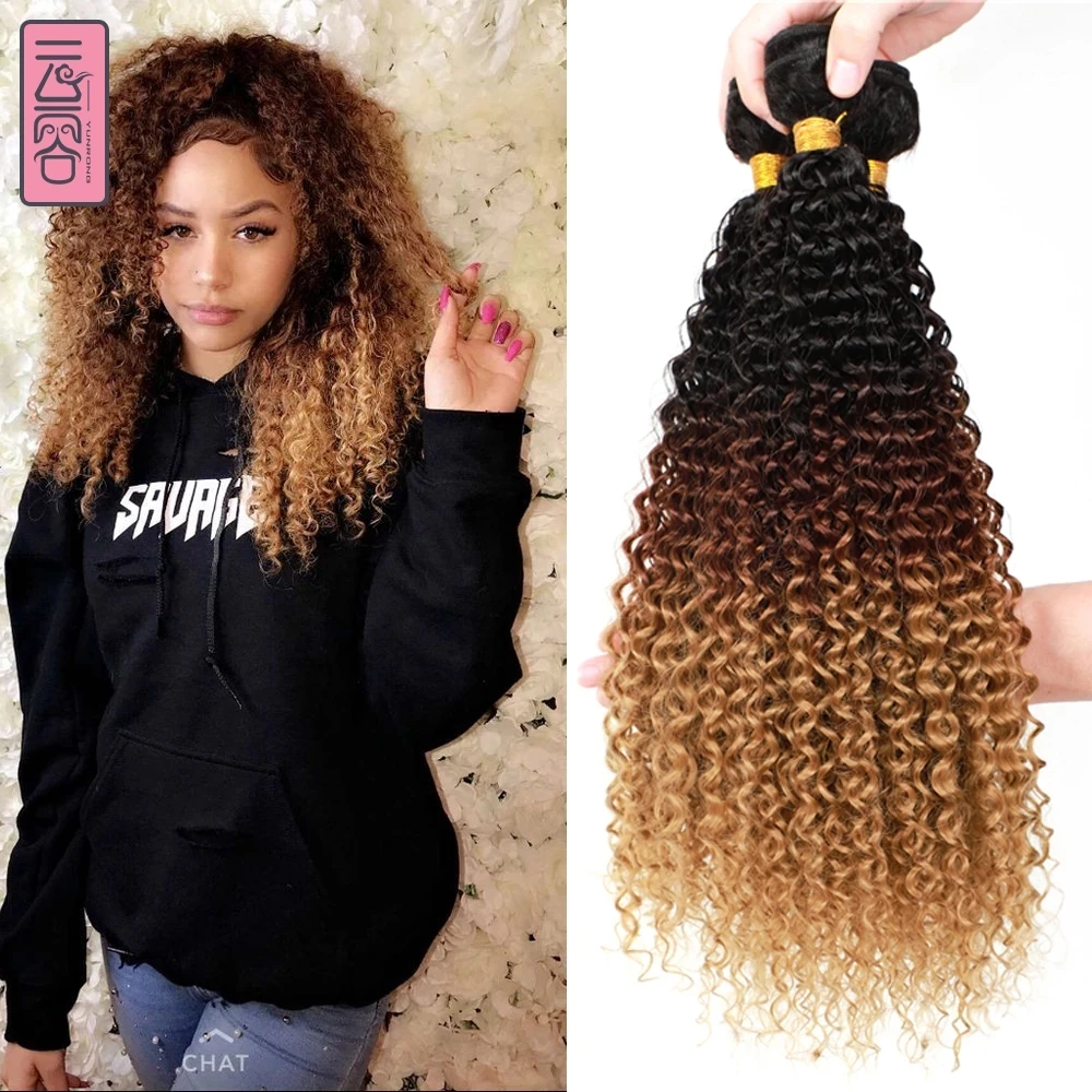 YunRong Synthetic Ombre Curly Blonde Bundle Hair Weave Black 613 Kinky Curly Hair Extensions Heat Resistant Fiber Afro