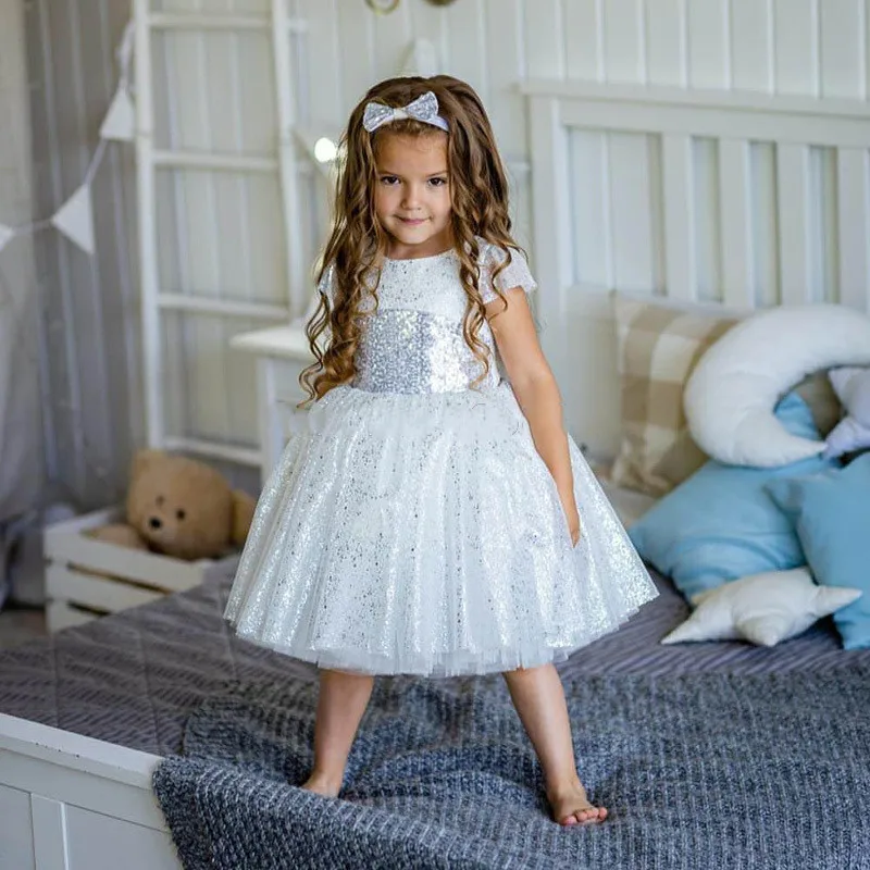 

Short Fashion Kids Girls Elegant Flower Girl Dress Princess Party Pageant Formal Sequins Tulle 2-14 Y