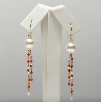 

9.25mm White Genuine Akoya Pearl Red Coral Long Drop Earrings 18k Yellow Gold