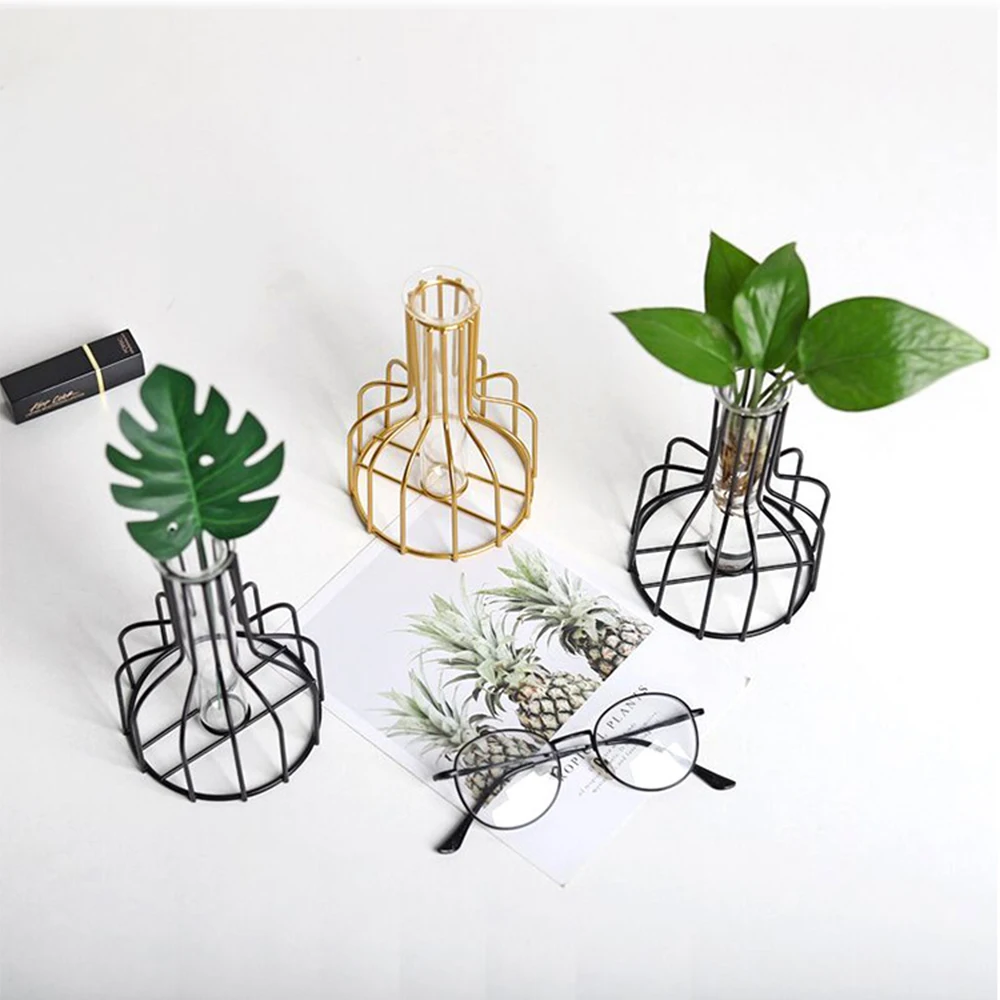 Nordic Style Creative Vase Home Decor Art Retro Glass Vase Metal Plant Holder Iron Decoration Flower Ornament For Home Garden 3