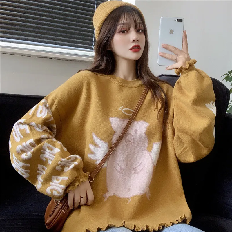 Autumn winter Korean Loose Sweater Cute Cartoon Pig Ruffle Lanterns Sleeve Round neck pullover Women Long Sleeve knitwear Tops
