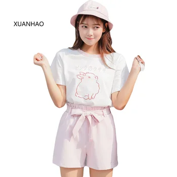 

XUANHAO Women's Sets Cartoon Rabbit Print Cotton T Shirts And Lace Up Pockets Short Pants 2020 Sweet Style Girl Two Piece Sets