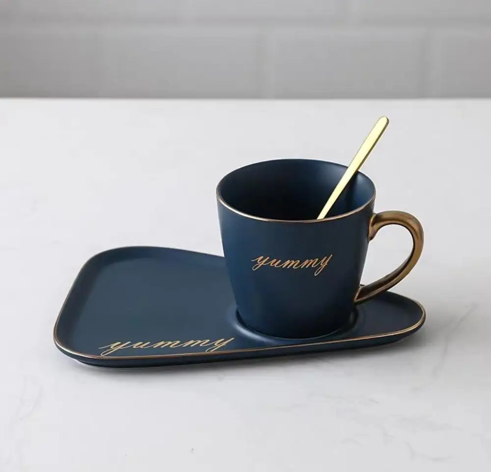 dark blue set C Скандинавская керамическая кофейная чашка с ложкой и блюдцем, набор креативных европейских роскошных чашек для завтрака, закусок, послеобеденного чая, набор посуды с поддоном - Цвет: dark blue set C