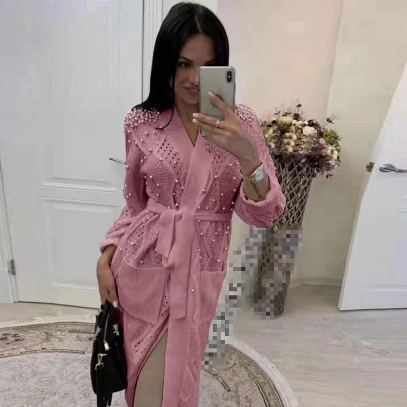 

TYHRU Autumn Women's Solid Color V-neck Long Knitted Beaded Pocket Cardigan Knit Sweater