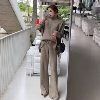 

2020 Winter Women Sweater Suits and Sets Turtleneck Long Sleeve Knitted Sweaters Long Trousers 3 Pieces Set Winter