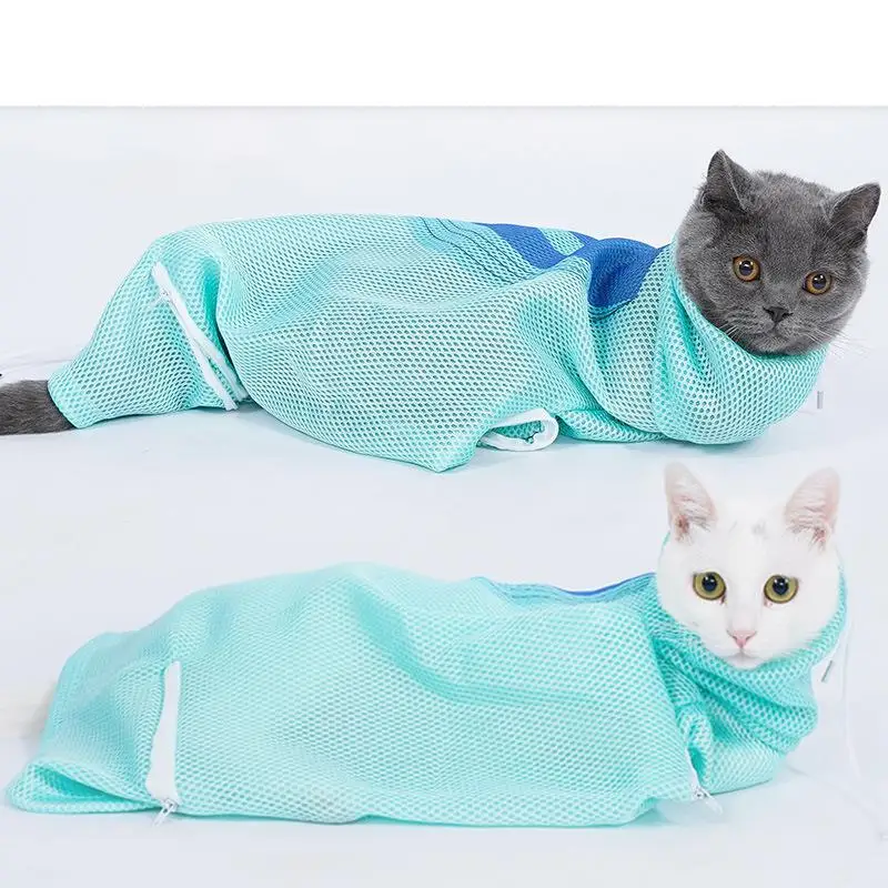 

New Blue Pink Pet Soft Cat Grooming Bag Adjustable Multifunctional Polyester Cat Washing Shower Mesh Bags Pet Nail Trimming Bag
