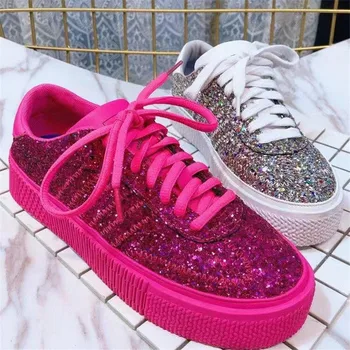 

Fashion Red Silver Shoes Women Glitter Sneakers Summer Bling Flats Lace-up Sparkly Shoes Women Casual Breathable Shoes Tenis