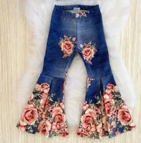 

PUDCOCO Little Baby Girl Denim Jeans Patchwork Flowers Pattern Trouser Elastic Band Design Bell-Bottom Wild Fashion Pants 1-5T