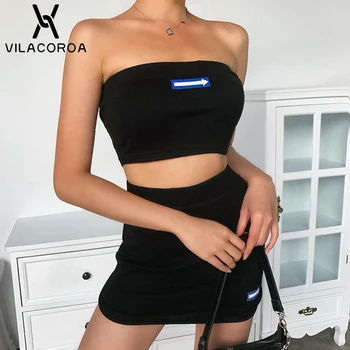 

Black Cotton Sexy Female Two Piece Suit Tube Top Printed Backless Top Vest High Street Split Mini Skirt Summer Slim Women Suit