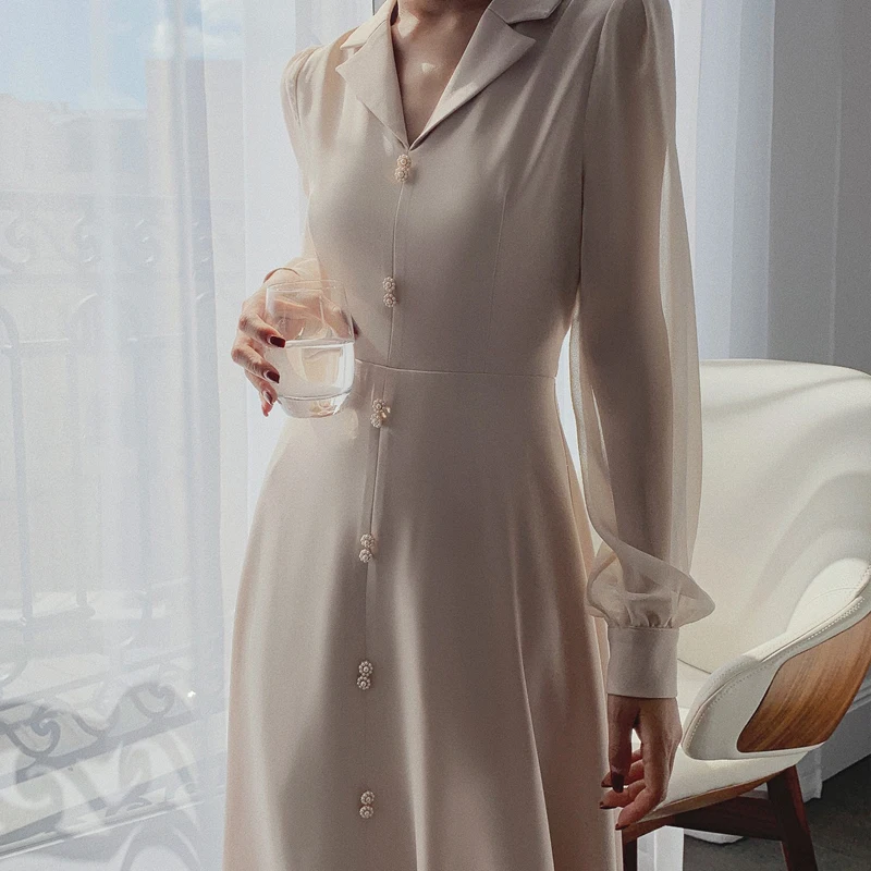 BGTEEVER Элегантное однобортное приталенное длинное женское платье с отложным воротником и длинным рукавом на шнуровке женское шифоновое платье