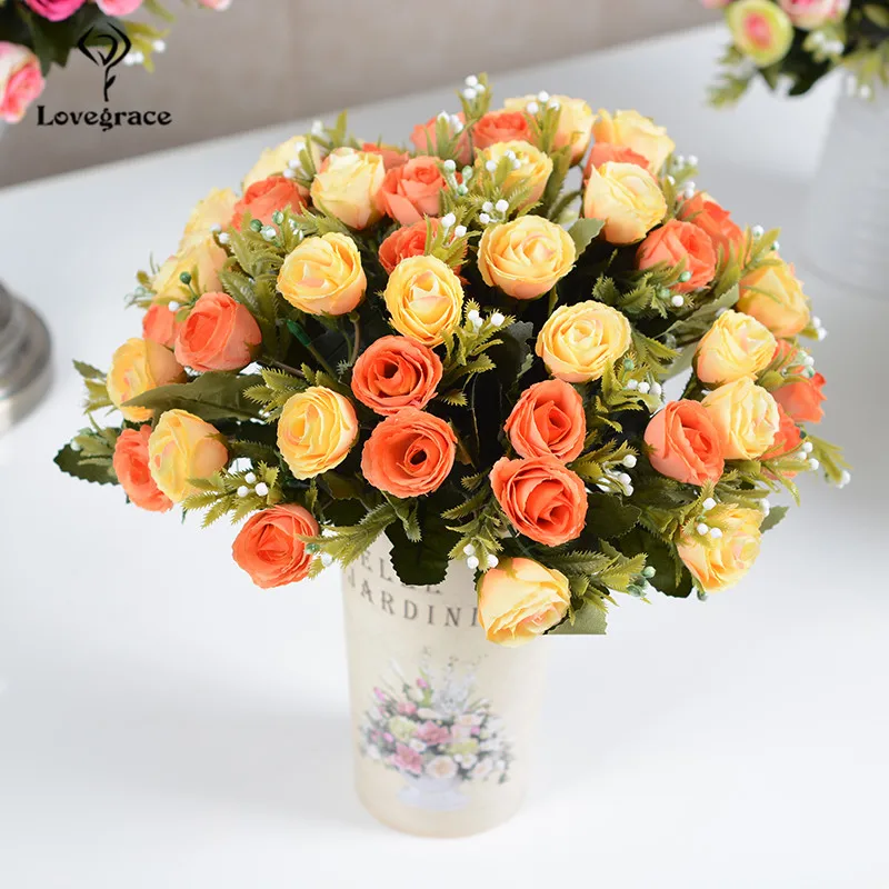 

Small Roses Artificial Silk Flowers Bouquet 10 Heads Fake Flowers Bridal Bouquet Decor for Wedding Table Home Accessories Flower