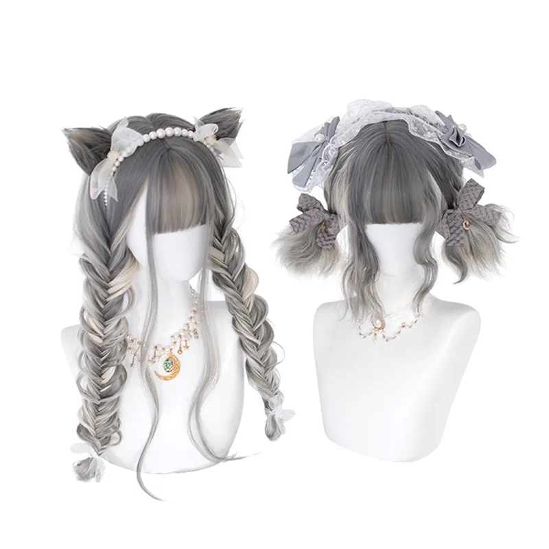 

Cosplaysalon 30/65CM Lolita Blonde Mixed Grey Ombre Short Long Wavy Bob Bangs Cat Earshot Halloween Cosplay Wig