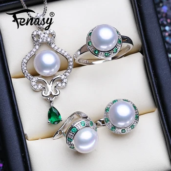 

FENASY 925 Sterling Silver Emerald Jewelry Sets Natural Pearl Stud Earrings Bohemian Pendant Necklace Women Green Stones Ring