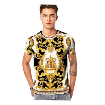 

2019 New Arrival Mens Tshirts Short Sleeve Fashion Gold Floral 3d Print Round Neck Casual Fit Hip Hop Tops Tees Summer
