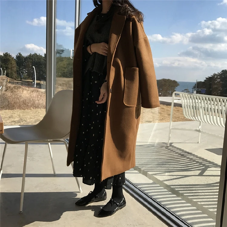 Женское элегантное зимнее шерстяное пальто черного и коричневого цветов, длинное однобортное шерстяное пальто размера плюс, Manteau Femme Hiver