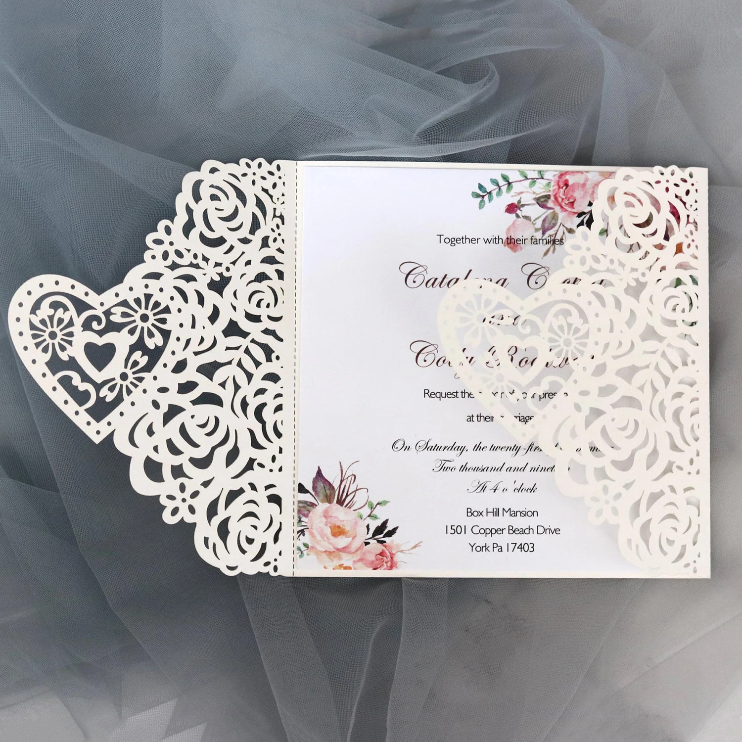  10pcs Pierced rose embossing laser invitation letter pearl paper invitation cards wedding business  - 4000505590678