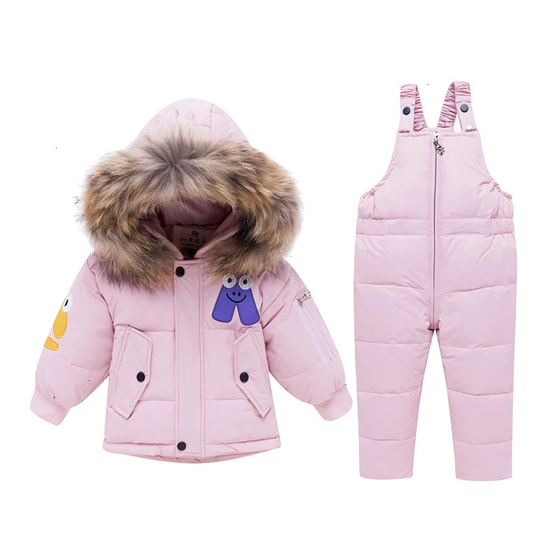 pink colour Зимний костюм для маленьких мальчиков, комплект детской одежды для мальчиков, белый пуховик на утином пуху, водонепроницаемая куртка для девочек, Детское пальто+ комбинезон, Enfant Parka - Цвет: pink colour