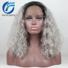 FACHOUFEE Омбре серый цвет синтетические волосы на кружеве парики для женщин короткий Боб глубокие кудрявые бесклеевые кружевные парики с детскими волосами