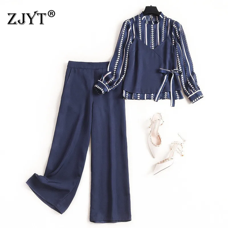 

2020 New Spring Lady Office Pants 2Piece Set Elegant Designer Long Sleeve Print Chiffon Patchwork Top and Pants Suit Sets