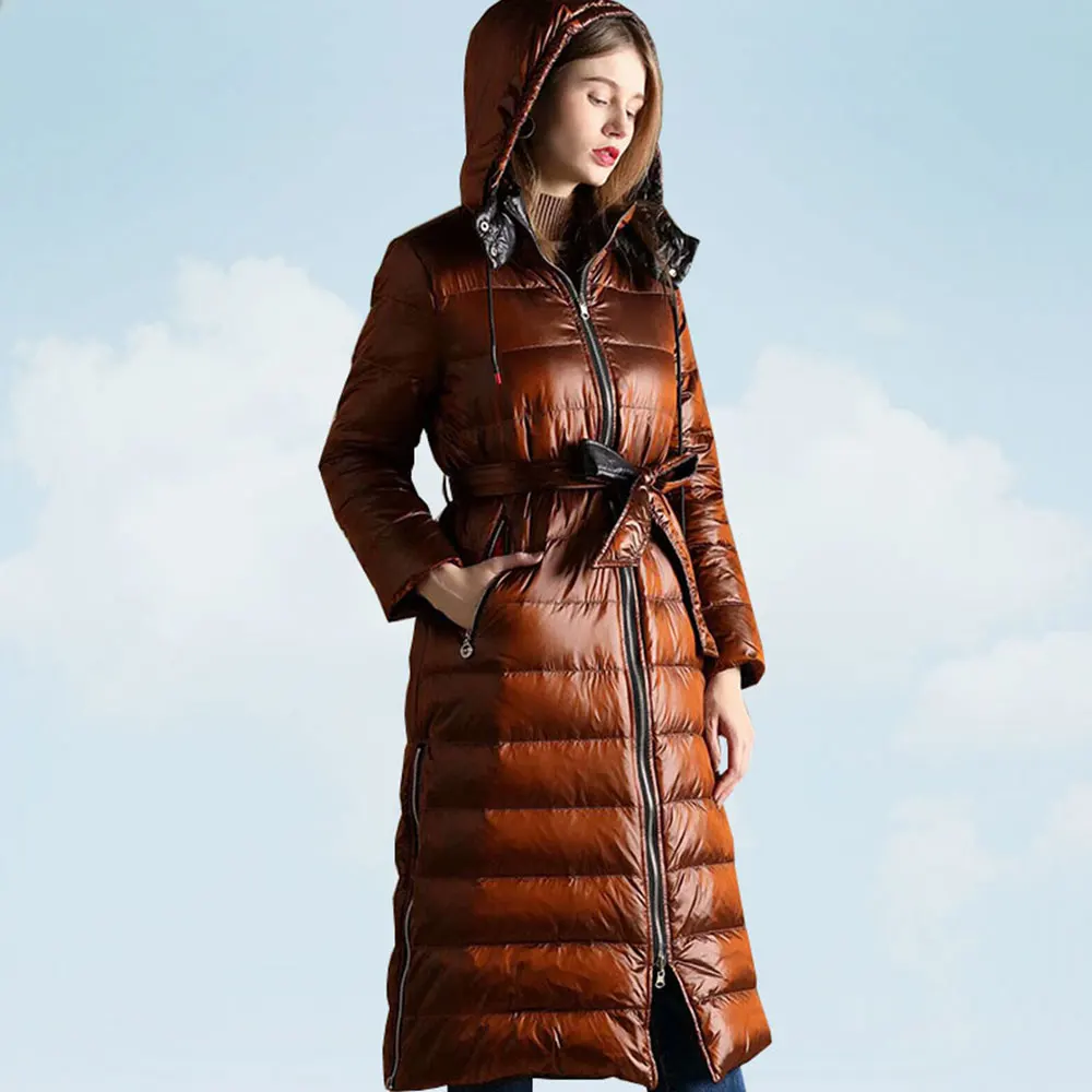 

European Women Down Coat Jackets Winter Hooded Parka High Quality White Duck Down Long Jacket Female With Belt Double-sided Wear