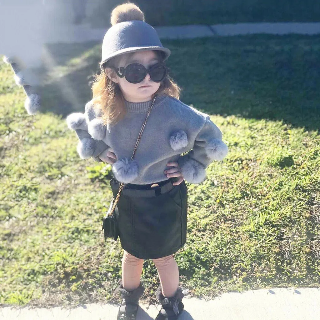 

(12M-6T) Children's pit strip wool ball solid color long-sleeved top + short skirt suit baby fashion autumn and winter S4