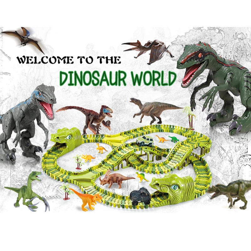 

New Dinosaur magical track Toy Dinosaur Track Railway Train Electric LED Car Transformed Building Blocks Xmas Gifts for Children