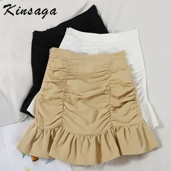 

Summer Casual Women Ruched Solid Mini Skirt Korean Trendy Side Zipper Vintage Ruffles Jupe Femme Chi Short Skirts