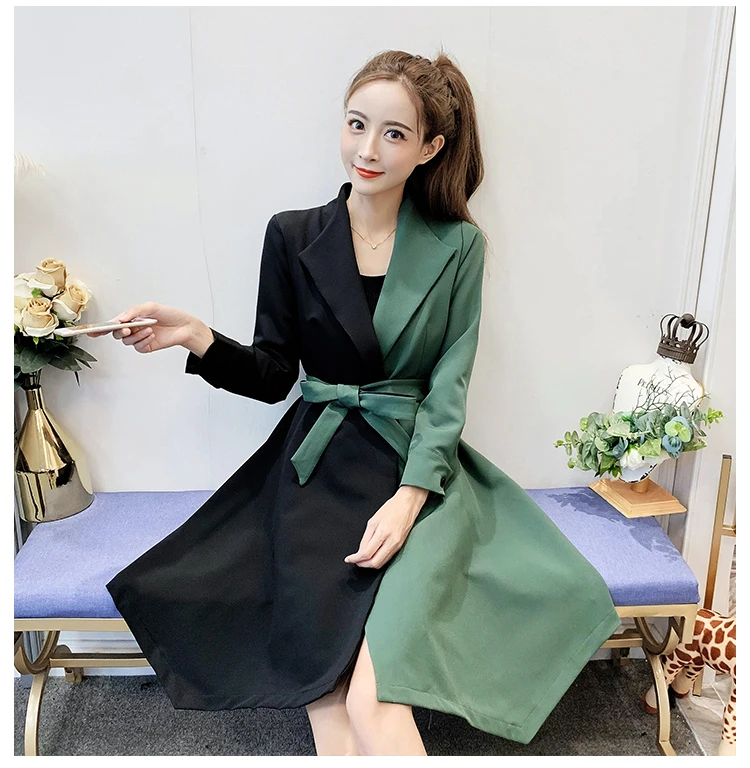 Фотосессия осень стиль корейско-Стиль Slim Fit Совместное контраст Цвет средней длины, женские сапоги выше колена; пальто с поясом Для женщин