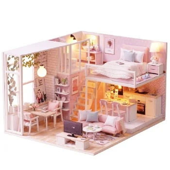 

Diy Doll House Miniature Dollhouse with Furnitures Wooden House with Dust Cover Miniatures Toys for Children New Year Christmas