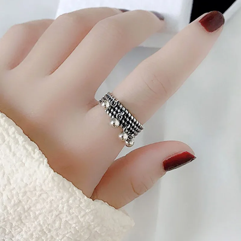 Silver Rings Vintage Punk Silver Color Rings New Trendy Creative Beads Pendant Tassel Geometric Party Jewelry Gifts for Women