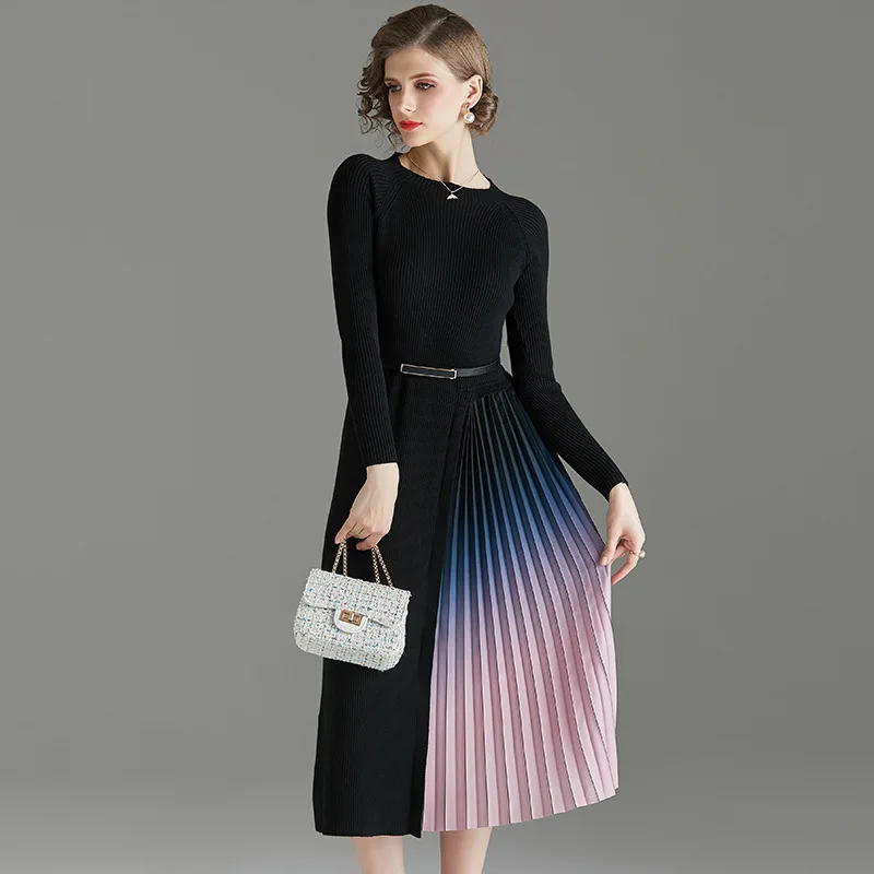 Осень-зима, новое дизайнерское модное подиумное платье, Женский вязаный свитер с длинным рукавом, лоскутное плиссированное платье до середины икры
