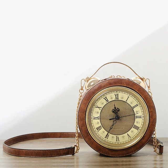Virginia Clock bag with clock, Cosplay Steampunk Style, color black,  ARIANNA DINI DESIGN | COSPLAY STEAMPUNK BAGS - ECOLEATHER | Emporium Italy