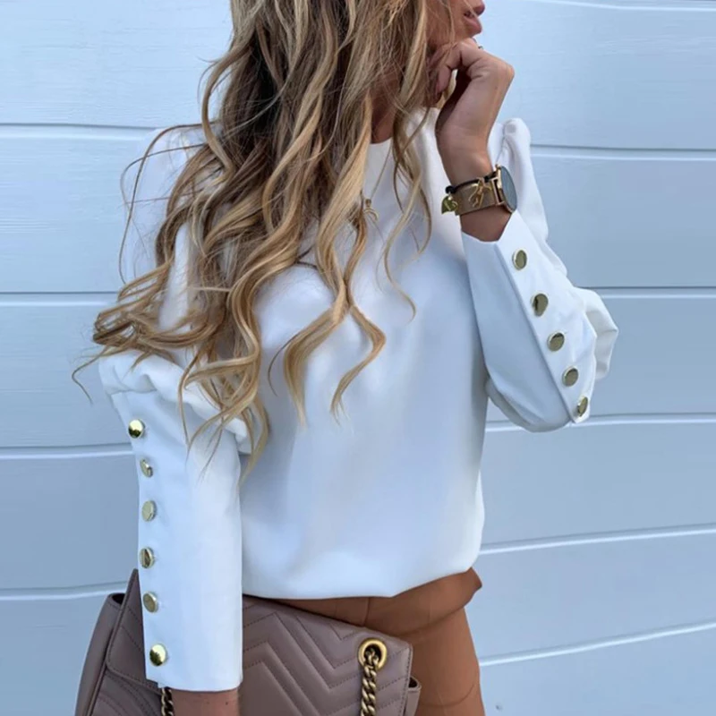  Elegant New Puff shoulder blouse shirts Office Lady Autumn Metal Buttoned Detail Blouses women Pine