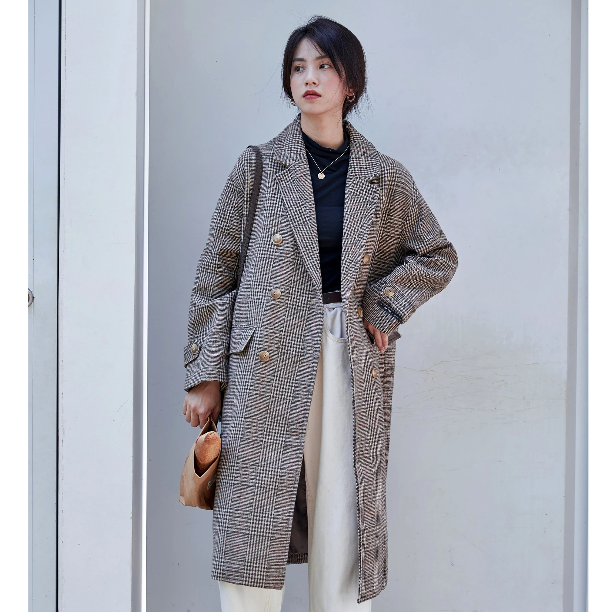 

Women's coat winter jacket long loose long-sleeved warm plaid woolen coat fashion elegant double-breasted versatile women's new