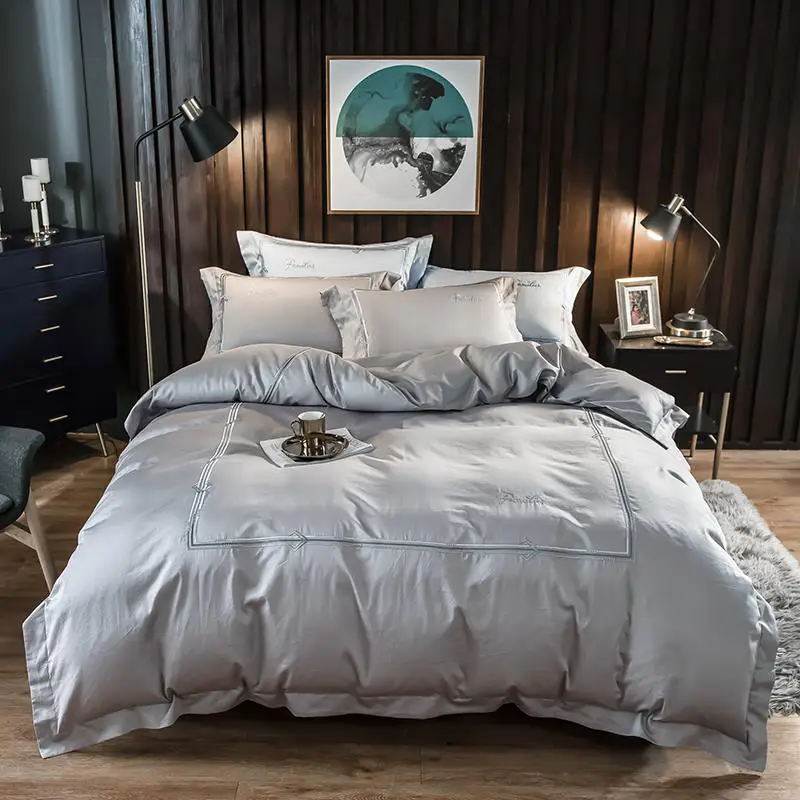 

Solid Gray Duvet Quilt Cover Pillow Shams 4Pcs Queen King size 100% Egyptian Cotton Bedding Set Flat Bed sheet set