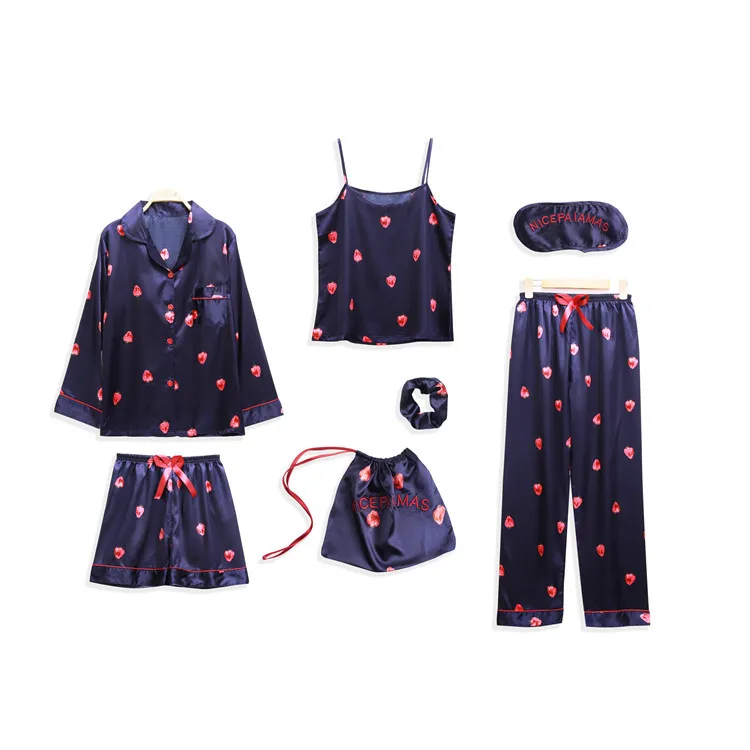 

Korean-style 2019 Imitated Silk Pajamas Women's Spring And Autumn Long-sleeved Cardigan Stripes Seven Sets Tracksuit Four Season